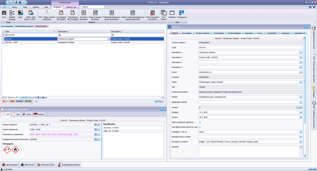 A screnshot of Chemeter, the software Chementors use to author SDSs